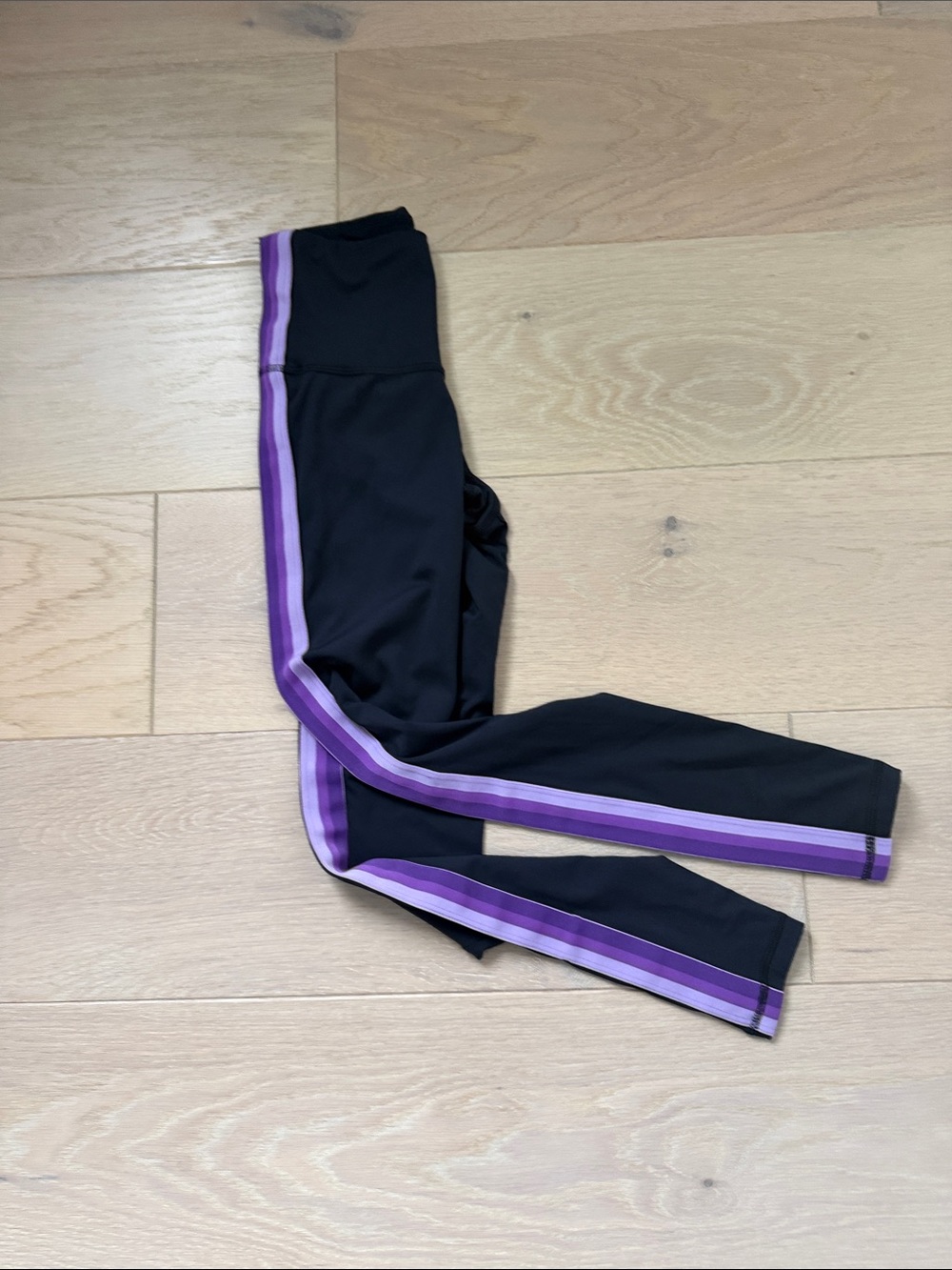 Strut! Black Leggings with Purple Side Stripes